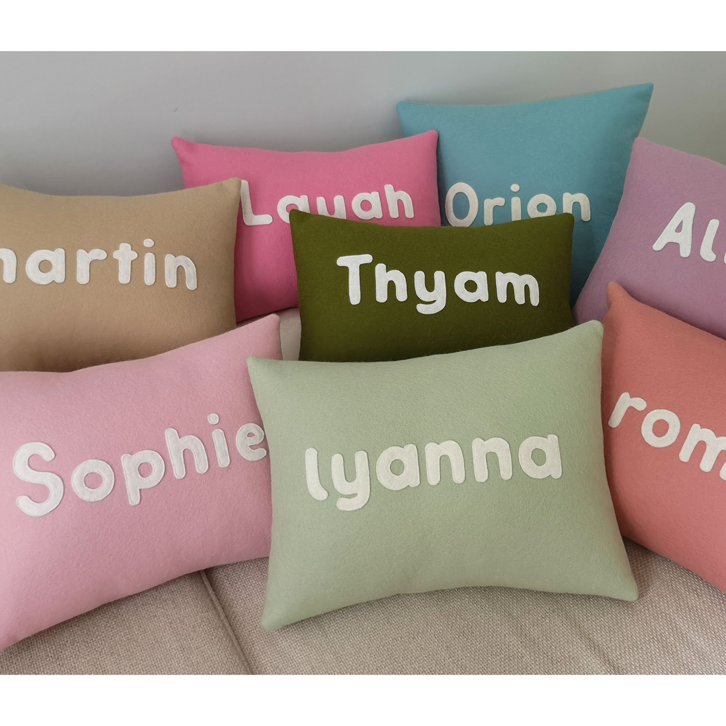 Personalised Cushion With Name in Pistachio and White Wool Felt The Kids Interiors Store