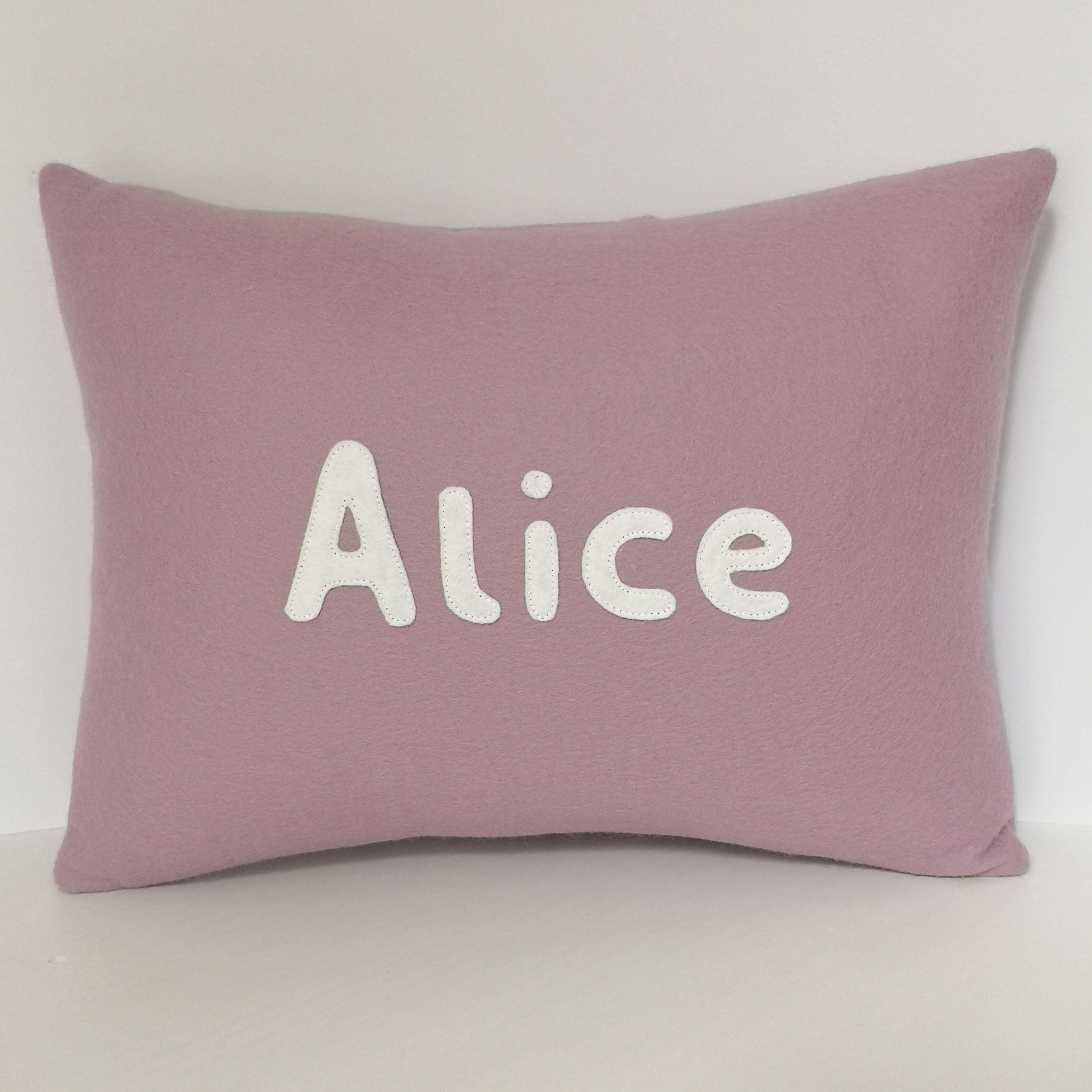 personalised name cushion in lavender purple wool felt