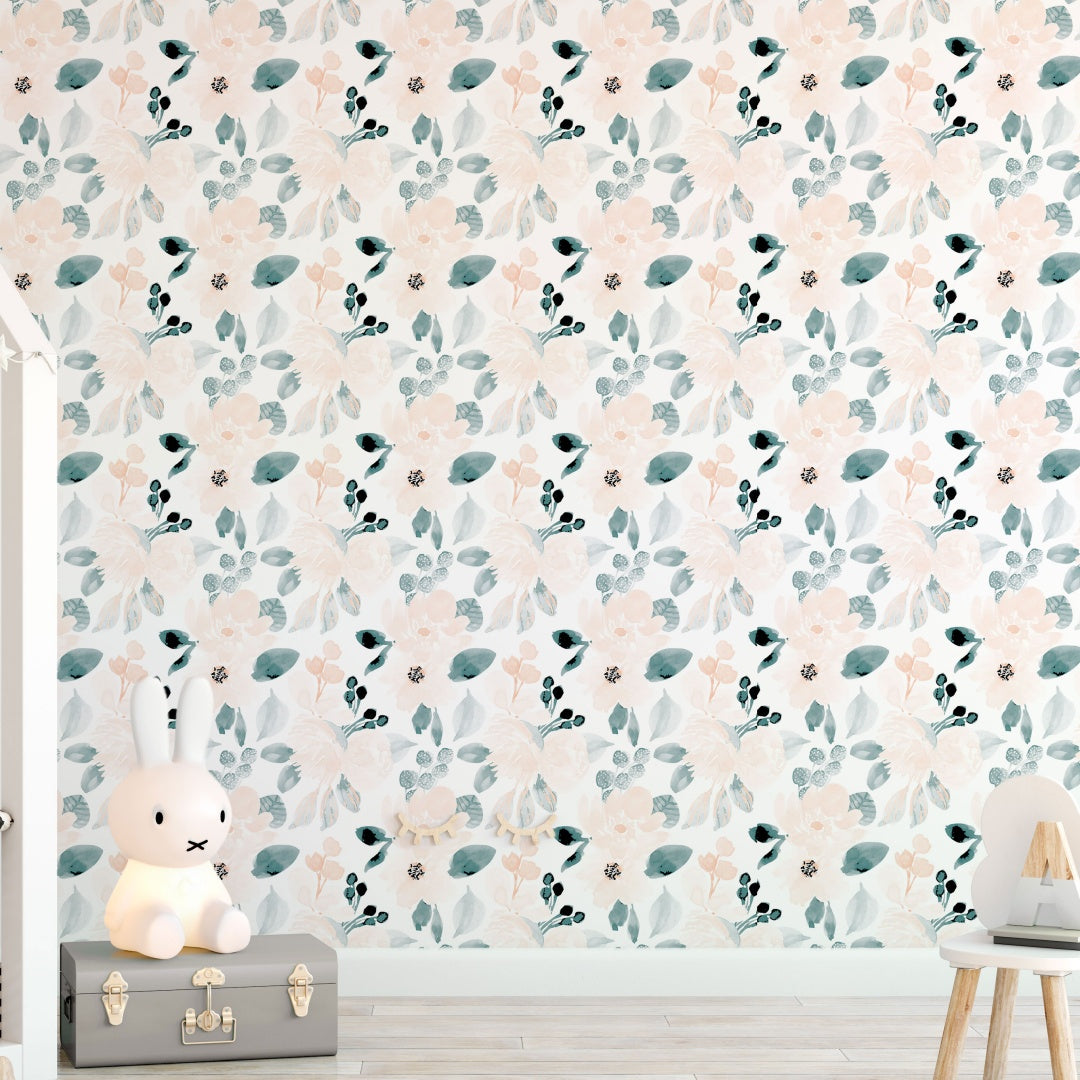 Aquarelle Flowers Peach Blue Self Adhesive wallpaper